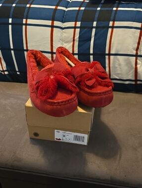 UGG Red Suede Bow Moccasin Slippers